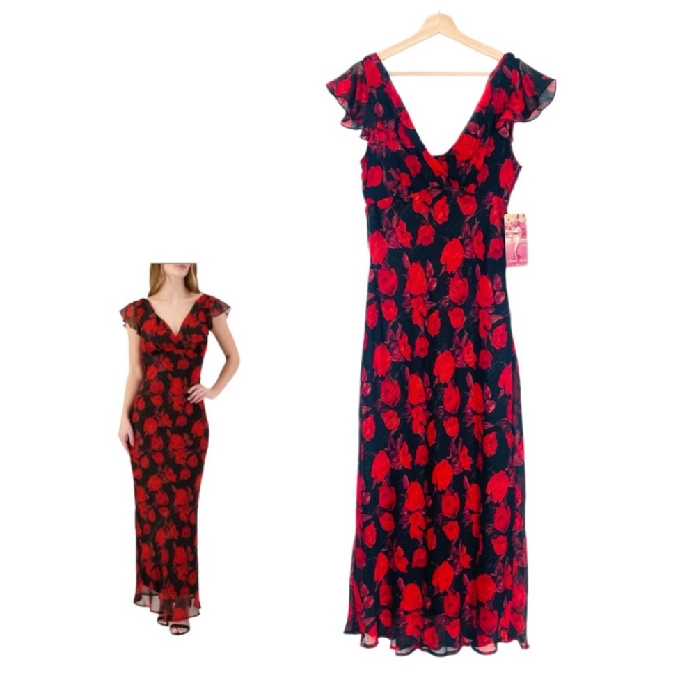 Emerald Sundae Red Floral Flounce Sleeves Maxi Dress Size Large Romantic NWT